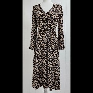 LOFT Midi Dress Cheetah Print Long Sleeve Button Down Tie Waist Sz 4 NWT Career